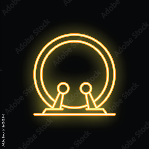 Yellow neon sign of a gong with sticks, glowing on a dark background, perfect for music and entertainment themes