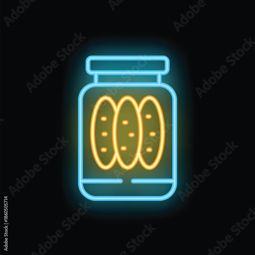 Glowing neon icon of canned cucumbers in glass jar is shining on dark background