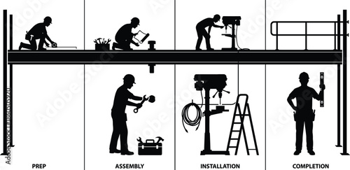 Construction Workflow Infographic with Worker Silhouettes Showing Prep Assembly Installation and Completion Stages of Industrial Building Project on Steel Structure