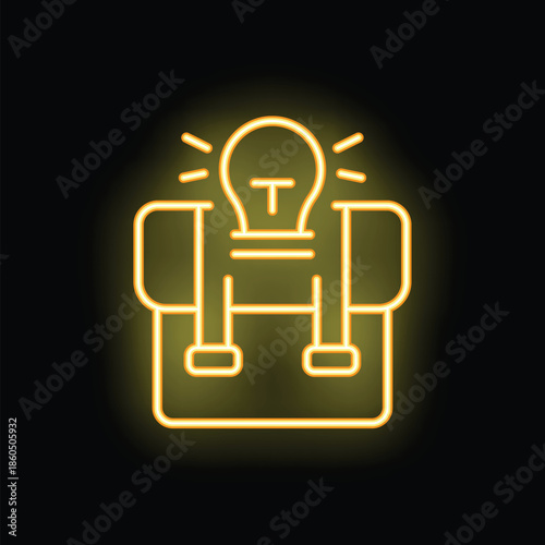 Neon glowing yellow icon of a schoolbag with a bright light bulb shining above symbolizing knowledge