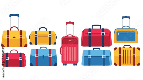 Colorful collection of rolling suitcases and travel luggage in a flat design