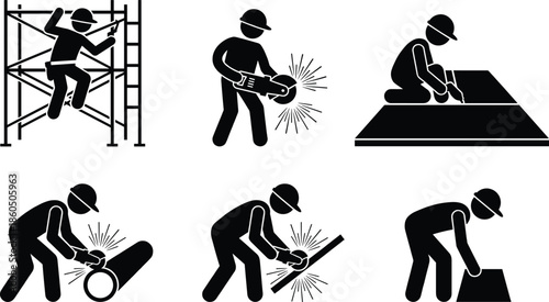 Collection of construction worker stick figure icons featuring manual labor tasks like welding grinding scaffolding and building for industrial safety design