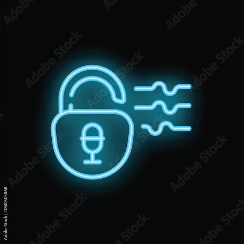 Glowing neon padlock with a microphone in the center is emitting sound waves, representing a voice activated security system