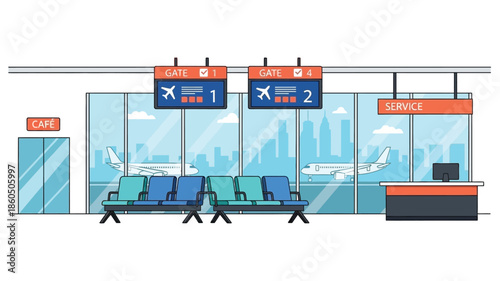 An illustration of a modern airport terminal waiting area with gates and seating