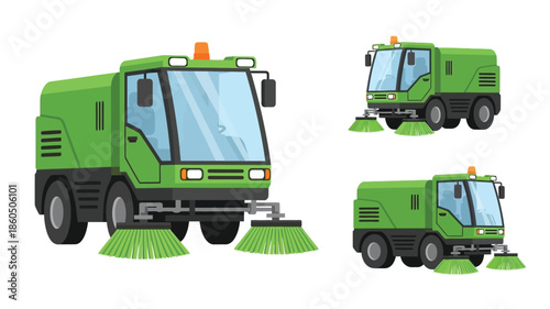 Illustration of green street sweepers cleaning roads depicted from multiple angles