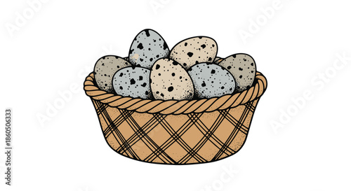 A hand-drawn wicker basket filled with speckled quail eggs in a rustic vintage style isolated on a clean white background for Easter.