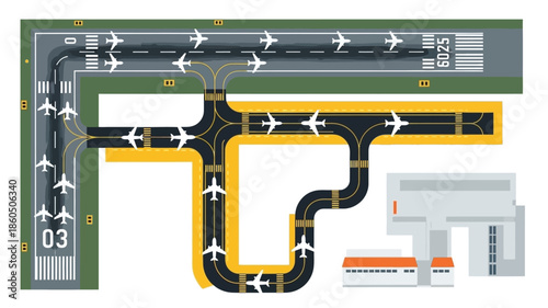 A simplified aerial view of an airport layout with runways and taxiways