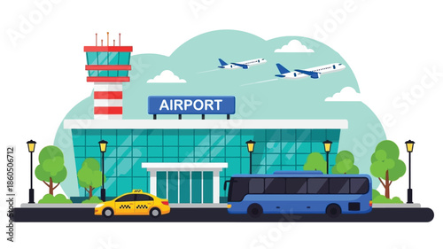 A colorful illustration depicts an airport terminal with planes and transportation