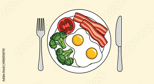 A top-down cartoon illustration of a classic breakfast plate with fried eggs bacon broccoli and tomato served with a fork and knife.