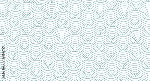 A seamless Japanese wave pattern background with thin blue-green lines on a white canvas creating a classic and minimal oriental design.