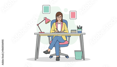 An illustration of a professional woman with glasses and a yellow blazer sitting at a clean desk, actively writing. Her workspace includes a lamp and office supplies.