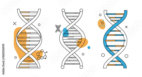 A set of three DNA helix icons in a modern line art style with abstract shapes representing science genetics and biotechnology concepts.