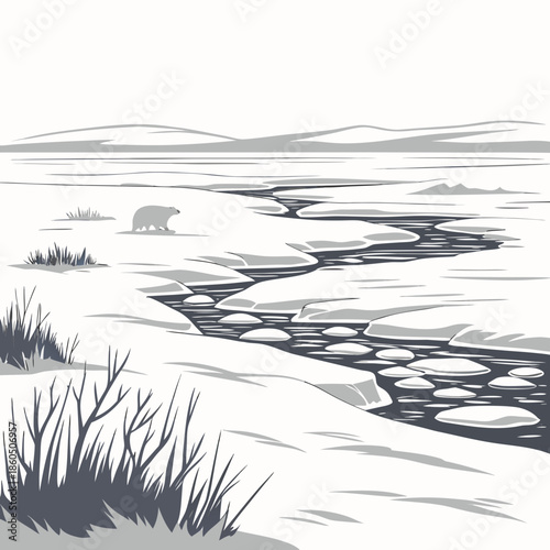 Frozen tundra landscape with polar bear and icy stream
