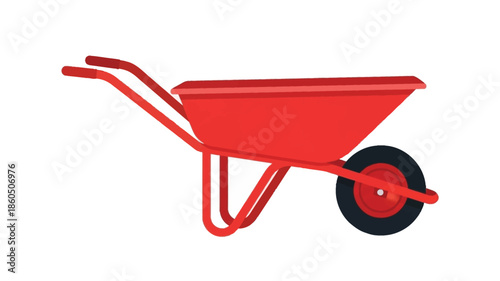 A vibrant red wheelbarrow with a single black wheel isolated on white
