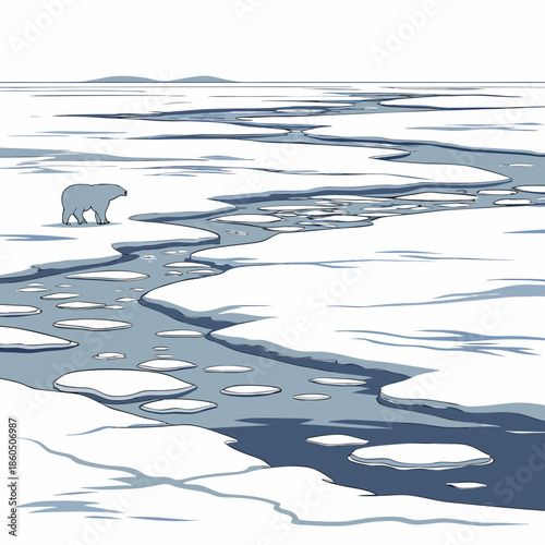 Polar bear on frozen tundra with melting ice and water
