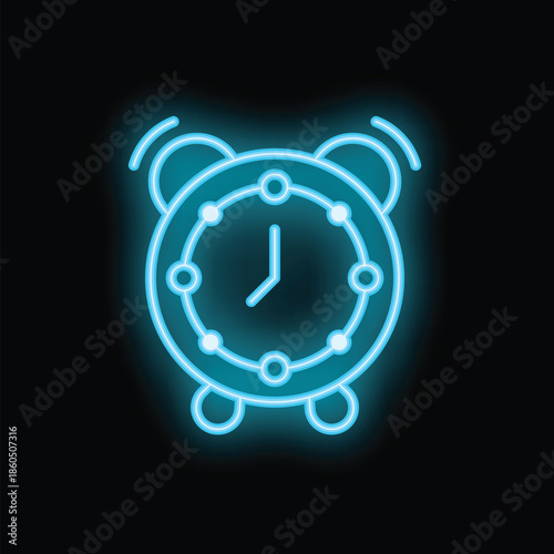 Neon blue alarm clock is ringing, indicating it's time to wake up