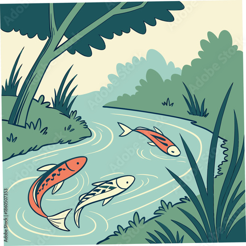 Colorful koi fish swimming in a serene pond with lush greenery