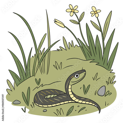 Foto Cartoon snake in grass with flowers green