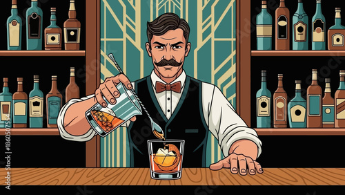 A professional waiter in a vintage suit serves red wine to a businessman sitting at a restaurant table with a glass of beverage