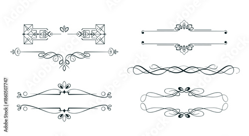 A set of six elegant vintage ornamental frames and text dividers in a dark calligraphic style isolated on a plain white background.