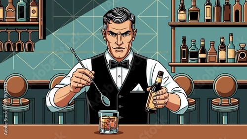 A handsome smiling bartender at a restaurant bar serves a drink in a glass to a businessman sitting after work