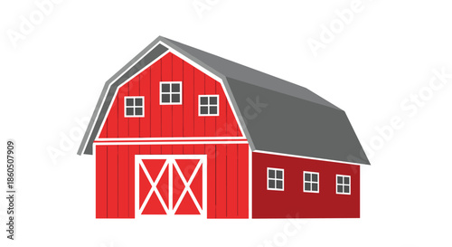 A classic red barn with a gray roof and white trim in a simple flat design style isolated on a clean white background.