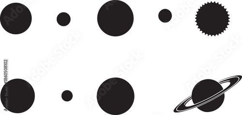 Collection of black silhouette icons representing planets, the sun, and Saturn with rings on a white background Keywords: planet, sun, Saturn, solar system, space, astronomy, celestial body, icon