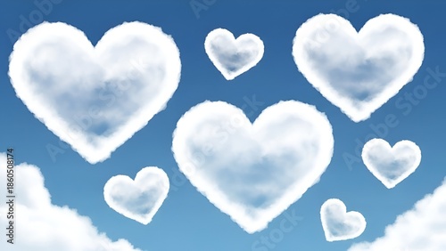 Dreamy hearts made of clouds floating gently in a serene blue sky expressing fondness