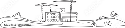 Continuous one line drawing hospital building construction at countryside. Medical health care infrastructure hand drawn minimalist concept. one line Icon drawing