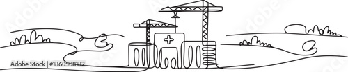 Continuous one line drawing hospital building construction at countryside. Medical health care infrastructure hand drawn minimalist concept. one line Icon drawing