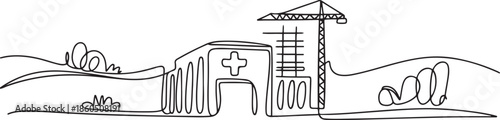Continuous one line drawing hospital building construction at countryside. Medical health care infrastructure hand drawn minimalist concept. one line Icon drawing