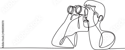 Continuous one line drawing tourist man looking through big binoculars far ahead. Young gentleman is traveling with field glasses. one line Icon drawing