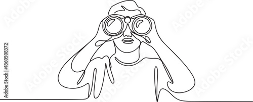 Continuous one line drawing tourist man looking through big binoculars far ahead. Young gentleman is traveling with field glasses. one line Icon drawing