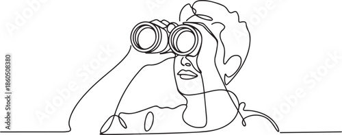 Continuous one line drawing tourist man looking through big binoculars far ahead. Young gentleman is traveling with field glasses. one line Icon drawing