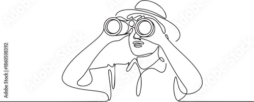 Continuous one line drawing tourist man looking through big binoculars far ahead. Young gentleman is traveling with field glasses. one line Icon drawing