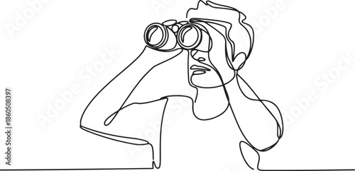 Continuous one line drawing tourist man looking through big binoculars far ahead. Young gentleman is traveling with field glasses. one line Icon drawing