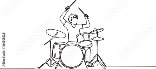 One single line drawing of young happy male drummer raise drumstick up while play drum set on music concert stage. Musician artist performance concept. one line Icon drawing