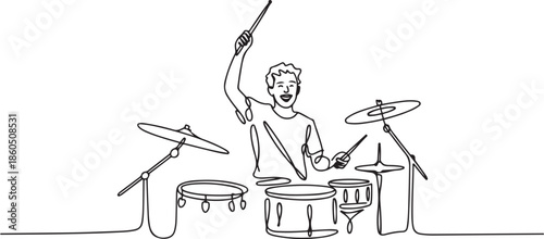 One single line drawing of young happy male drummer raise drumstick up while play drum set on music concert stage. Musician artist performance concept. one line Icon drawing