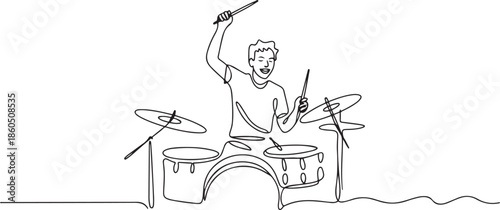 One single line drawing of young happy male drummer raise drumstick up while play drum set on music concert stage. Musician artist performance concept. one line Icon drawing