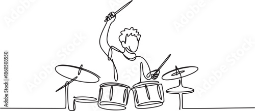 One single line drawing of young happy male drummer raise drumstick up while play drum set on music concert stage. Musician artist performance concept. one line Icon drawing