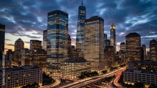Time-Lapse of Cars Streaking Through Financial District at Sunset