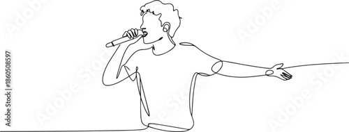 Single continuous line drawing of young happy male pop singer holding microphone and singing on music concert stage. Trendy musician artist performance concept. one line Icon drawing