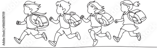 Single continuous line drawing elementary school students both boys and girls were running on the side of the road avoiding being late for school. one line Icon drawing