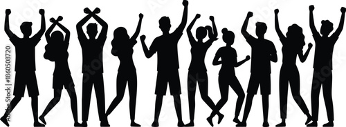 Group of people raising arms silhouette, vector illustration for unity concept, celebration pose, protest design, social behavior, and expressive gesture artwork