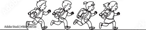 Single continuous line drawing elementary school students both boys and girls were running on the side of the road avoiding being late for school. one line Icon drawing