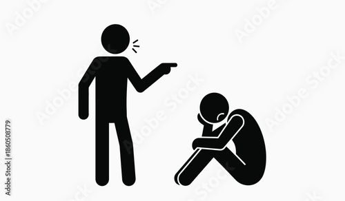 A figure pointing a weapon at another person who is huddled in distress