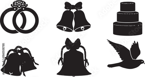 Collection of wedding symbols including rings bells cake and dove silhouettes on white background