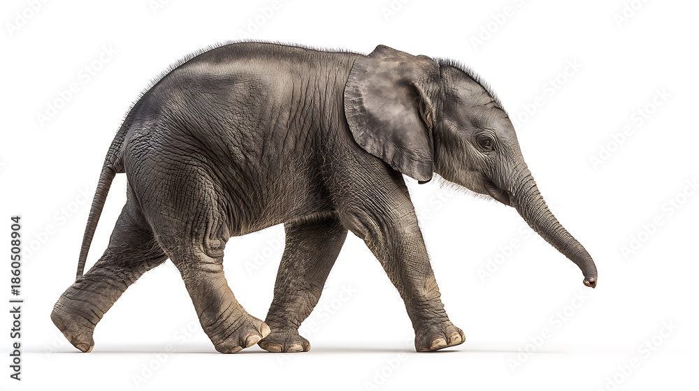 Fototapeta premium A baby elephant walking with slowly isolated on the white background 