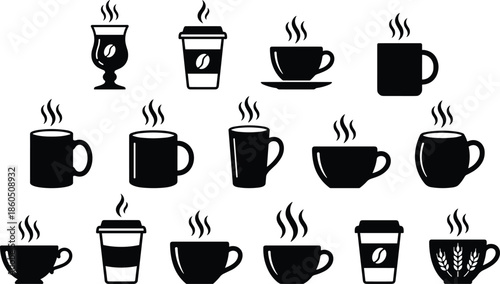 Coffee cup and mug silhouette collection, vector illustration for beverage design, café branding, hot drink icons, and stylish coffeeware artwork