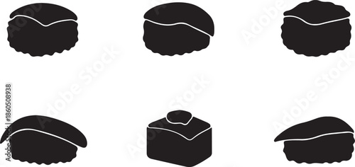 Minimalist Black Silhouettes of Various Sushi and Japanese Food Items on White Background Keywords: sushi, japanese food, nigiri, maki, food, cuisine, asian food, rice, fish, seafood, roll